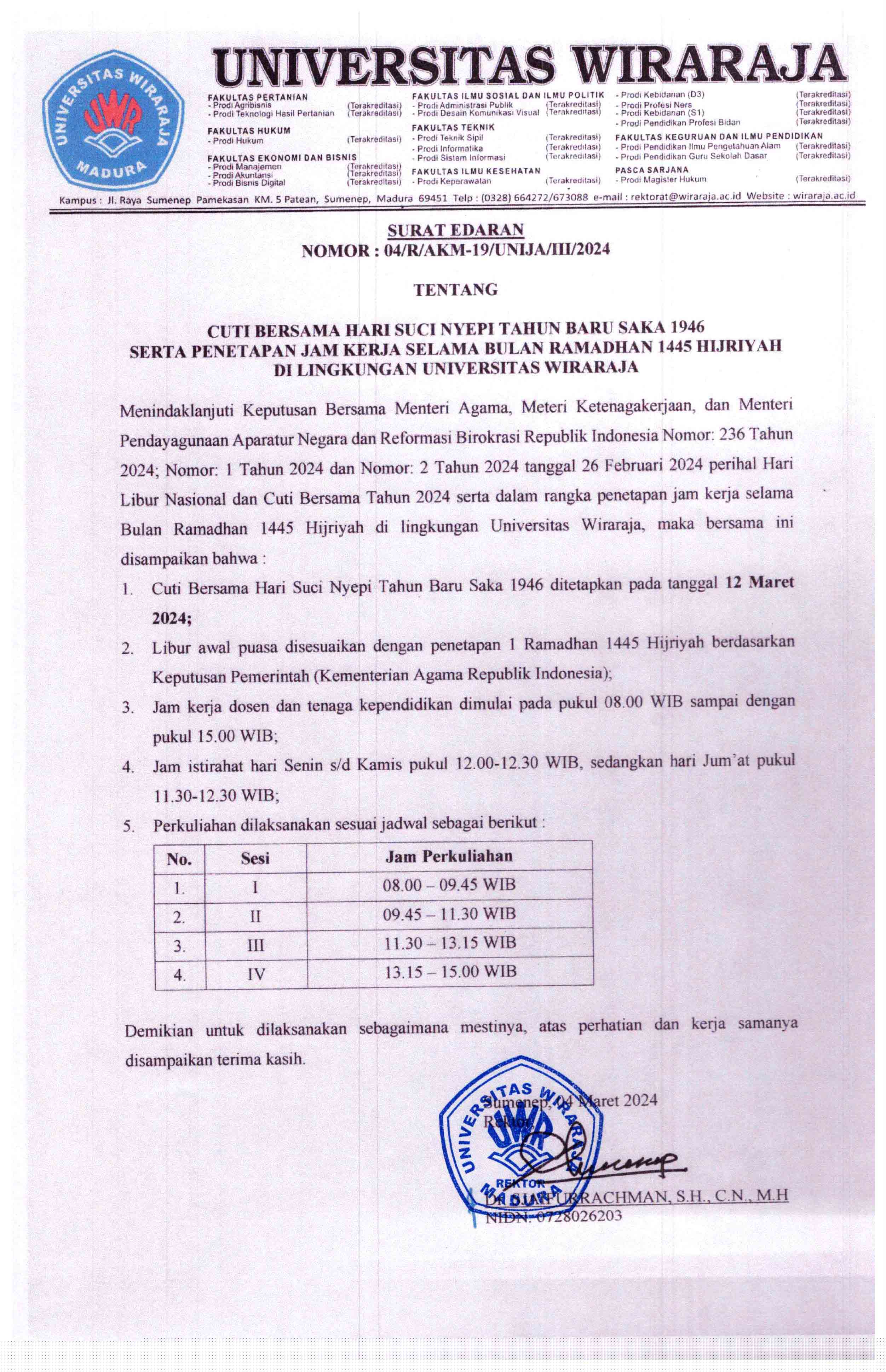 SURAT EDARAN CUTI BERSAMA HARI SUCI NYEPI TAHUN BARU SAKA 1946 SERTA PENETAPAN JAM KERJA SELAMA BULAN RAMADHAN 1445 H