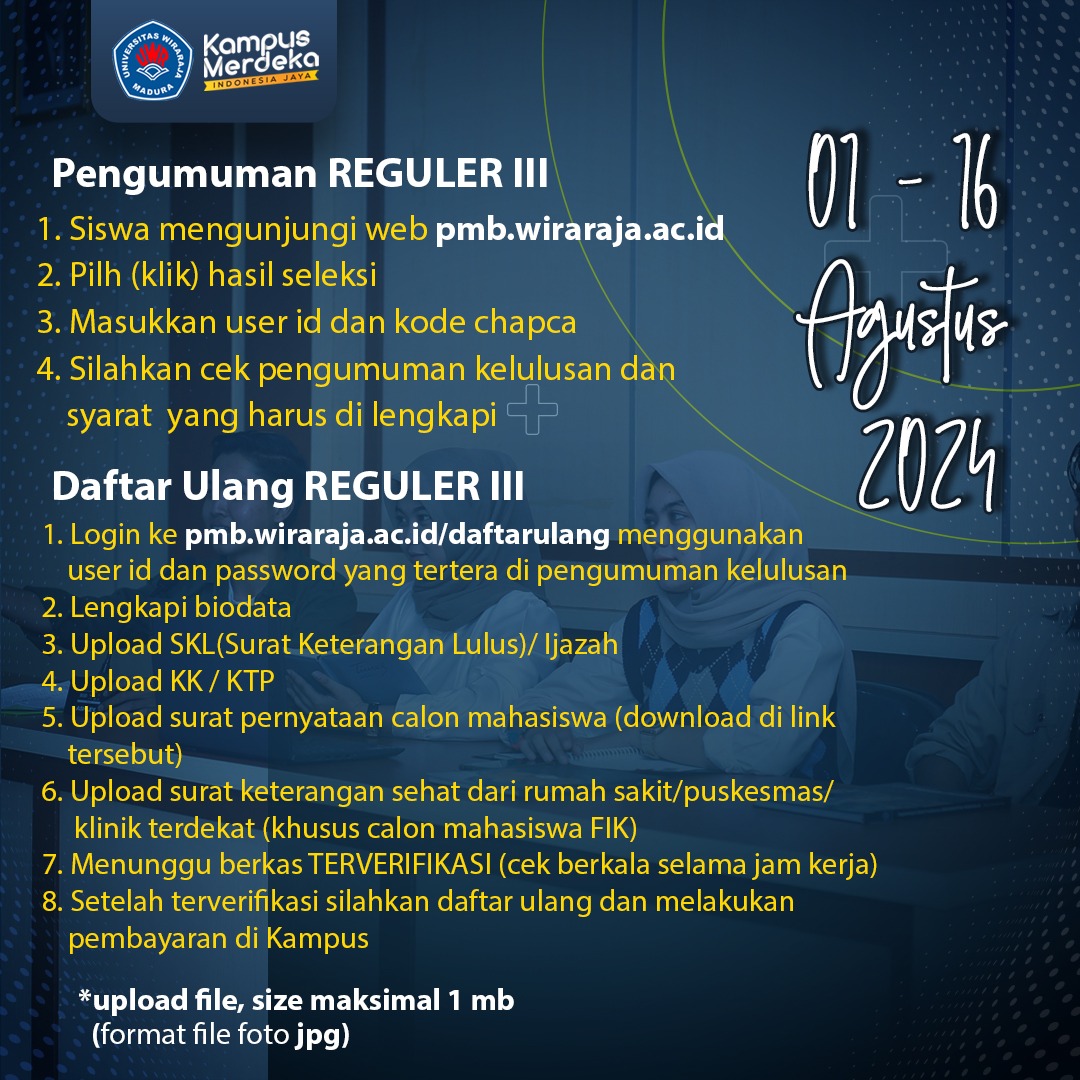 Pengumuman Hasil Seleksi dan Daftar Ulang Reguler III Universitas Wiraraja Tahun 2024